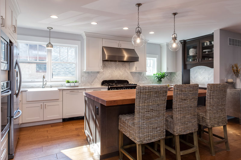 White Cabinets, Farm House Sink in Mid Century Modern Kitchen Remodel Denver