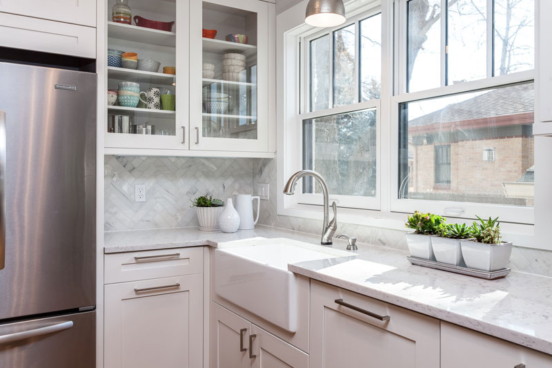 White Cabinets, Farm House Sink in Mid Century Modern Kitchen Remodel Denver