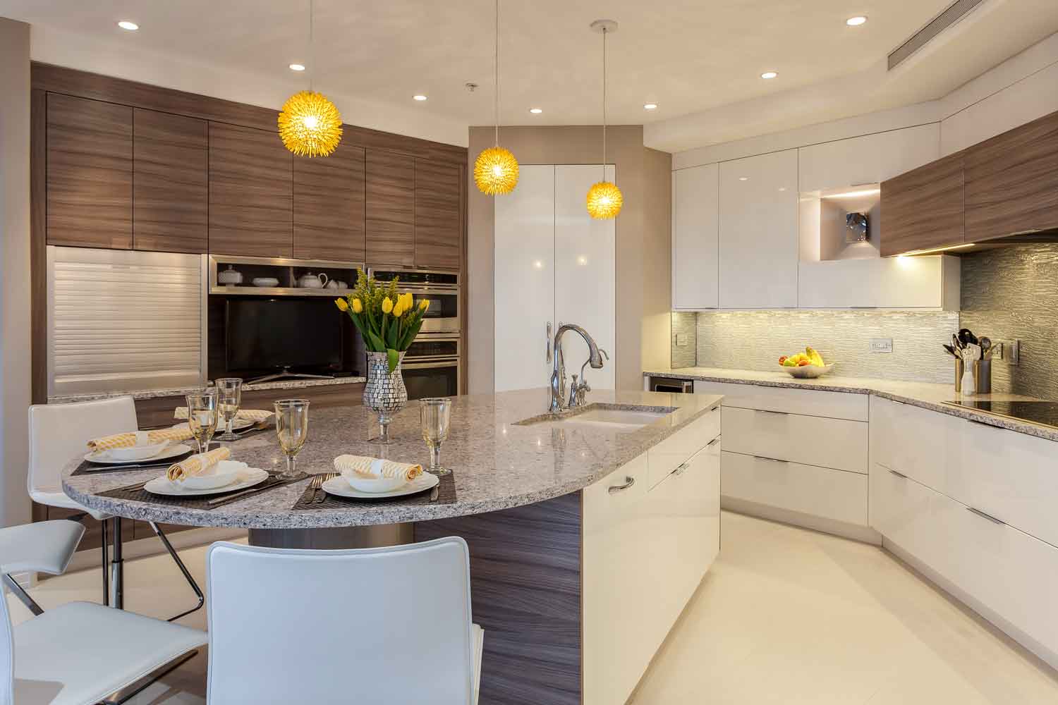 Contemporary Denver Kitchen Features White Glass Cabinets - JM Kitchen ...