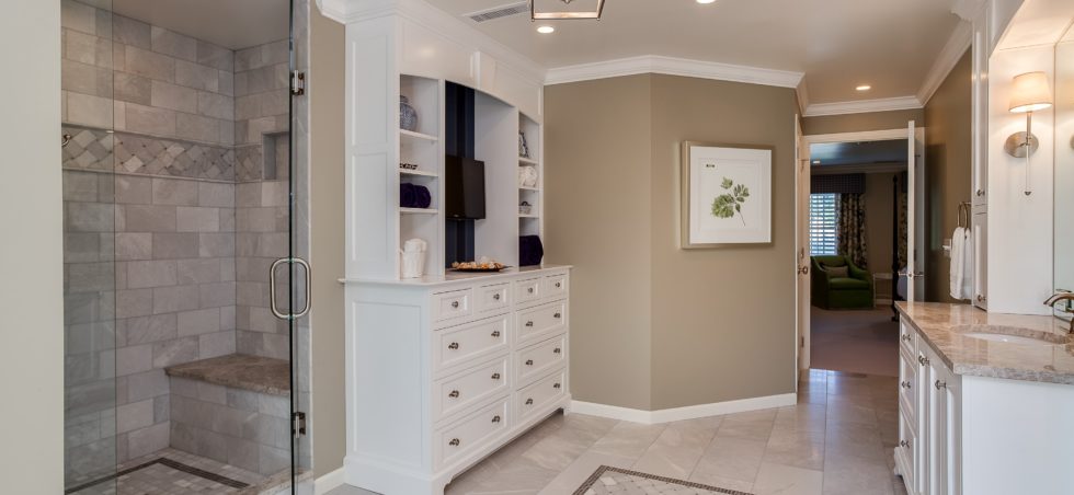 Large master bathroom with custom cabinetry