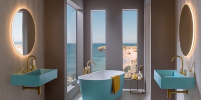 Luxury remodel bathroom with teal accents with sea scape in the background JM Kitchen & Bath Design