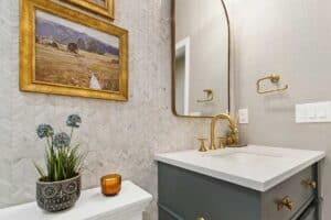 gray and gold accents for bathroom remodel JM Kitchen & Bath Design