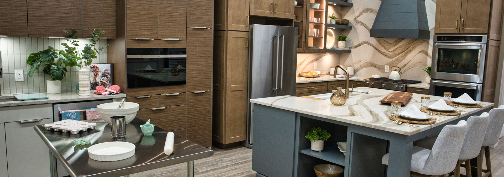 modern kitchen remodel featuring different textures and finishes including functional island and unique backsplash designs