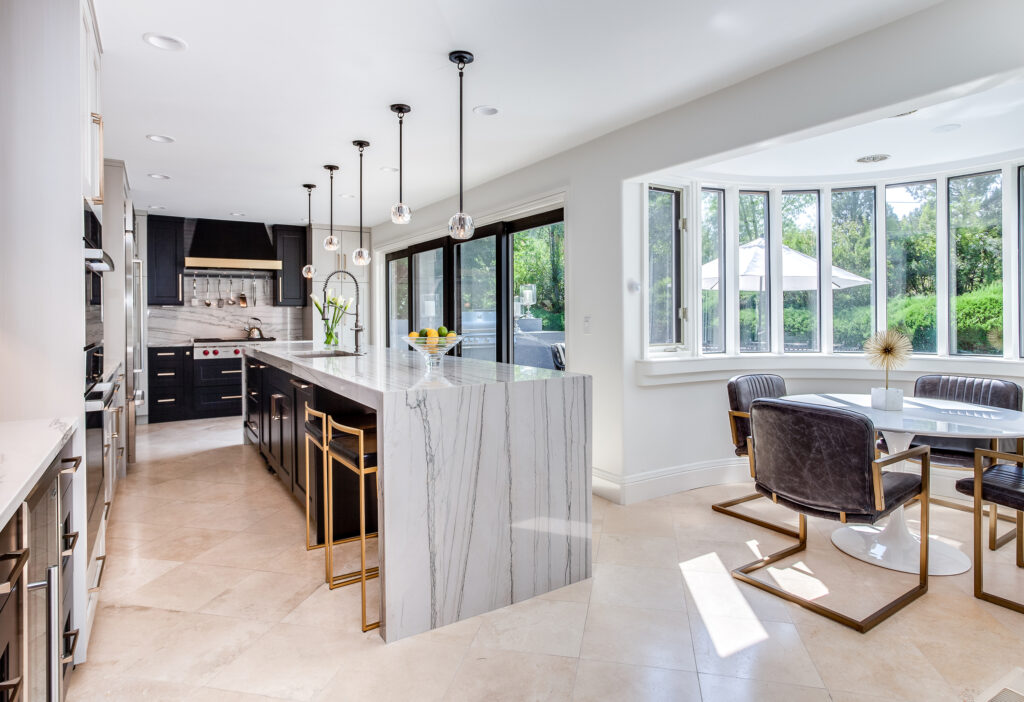 two eating spaces in the greenwood village kitchen renovation.