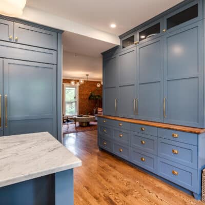 giant wall of blue cabinets JM Kitchen & Bath Design