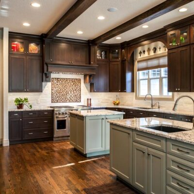 Dark wood kitchen with two islands JM Kitchen & Bath Design