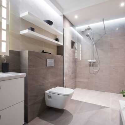 open shelving in this contemporary master bath curbless shower JM Kitchen & Bath Design