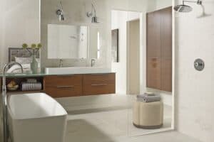 Bathroom Trends include floating cabinets and glass vanity JM Kitchen & Bath Design