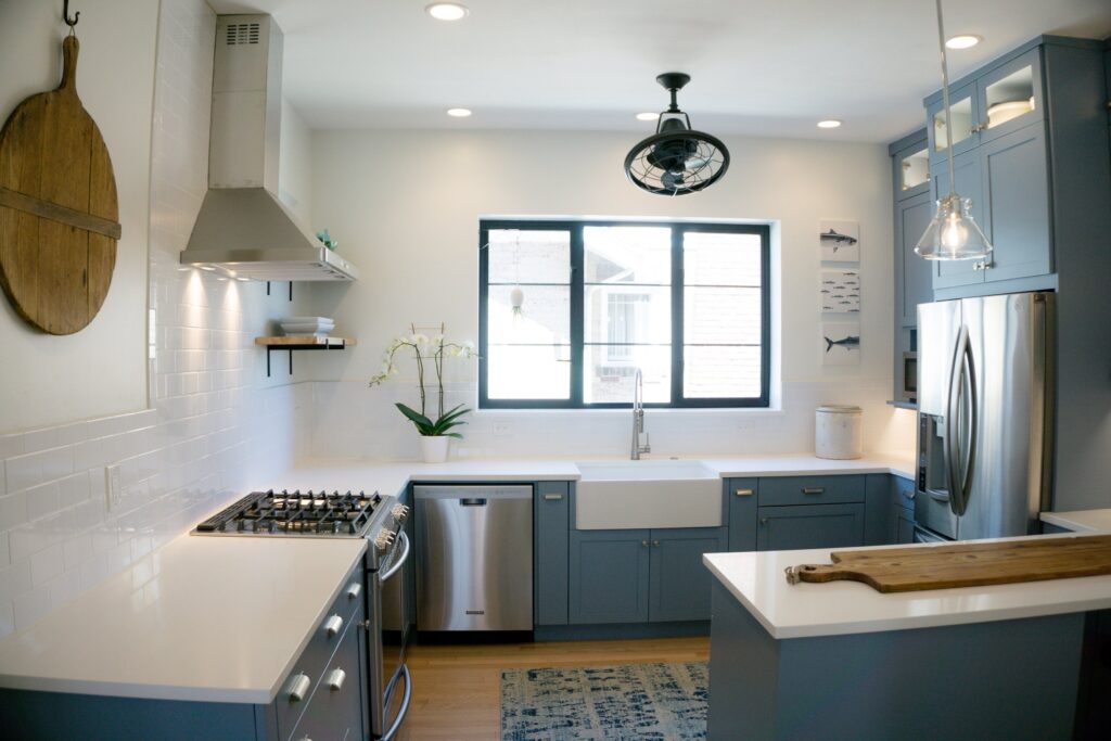 Country style blue shaker cabinet kitchen