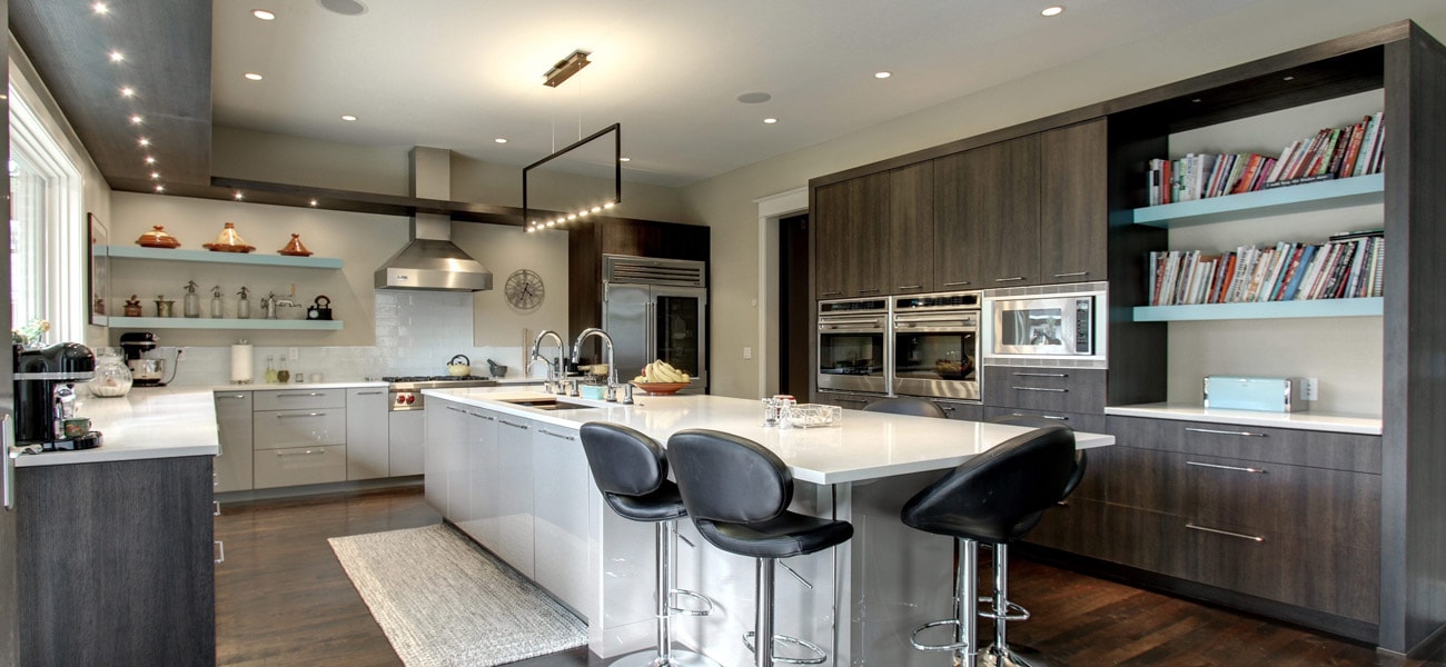 Contemporary Kitchen with Sleek Grey Cabinets and open shelving