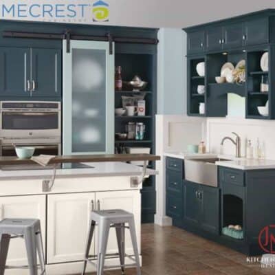 Kitchen with blue homecrest cabinetry JM Kitchen & Bath Design