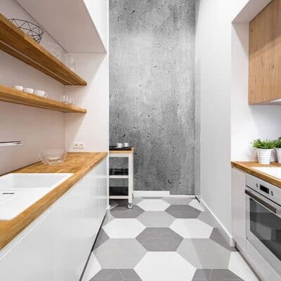 modern small kitchen featuring no hardware on cabinets to save space and open shelving JM Kitchen & Bath Design