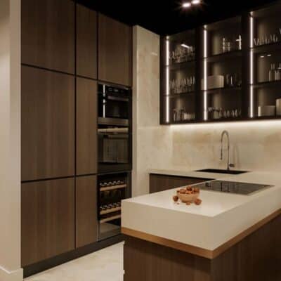 modern, trendy small bar area with lights in cabinet shelving JM Kitchen & Bath Design