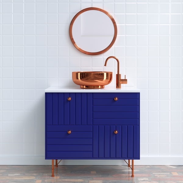 blue vanity with mixed metal a bath trend