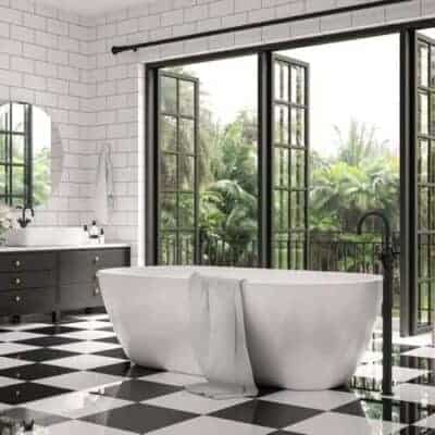 gorgeous black and white primary bath JM Kitchen & Bath Design