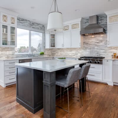 white painted cabinet kitchen stained island JM Kitchen & Bath Design